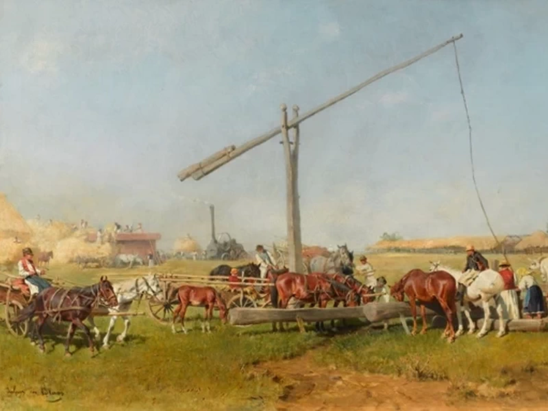 1845-Julius von Blaas - Cavalli che si abbeverano a un pozzo